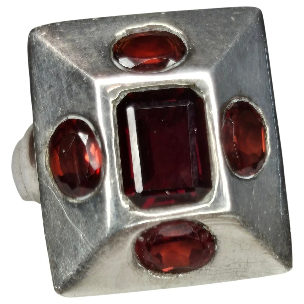 Vintage Square Ring Sterling Silver 925 Size 7.5 Red Garnet Statement Bold